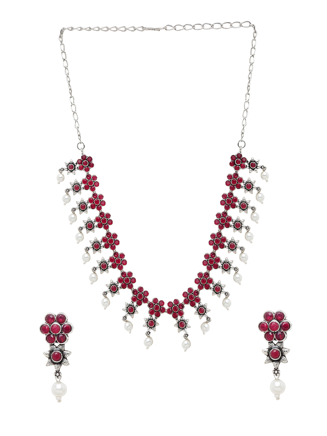 YouBella Jewellery Oxidised Silver Necklace Jewellery Set with Earrings for Girls and Women (Red) (YBNK_50522)